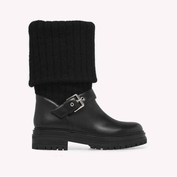 Gianvito Rossi Thurso Knit Collar Moto Combat Leather Boots - Picture 5 of 16